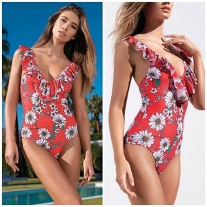 Jessica Simpson Floral Ruffle Frill One Piece Bathing Suit Swimsuit Red Large